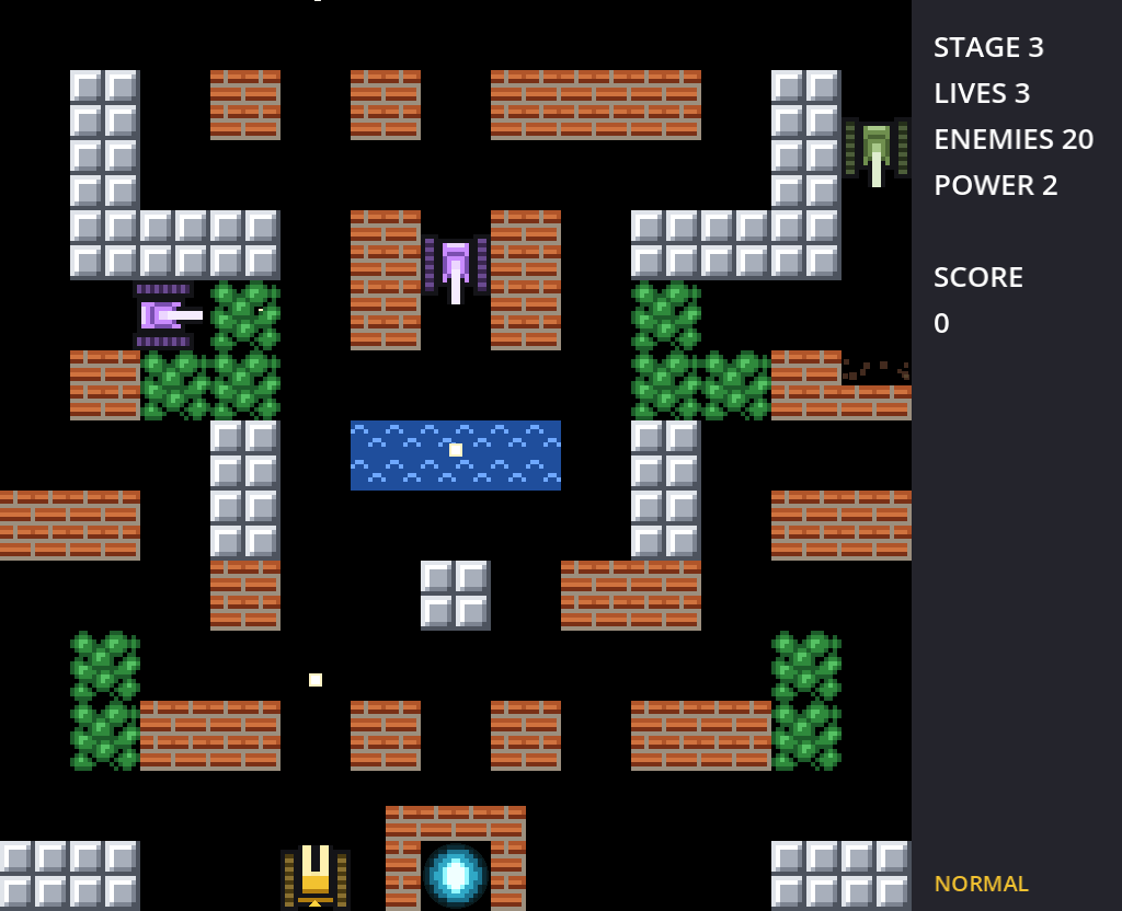 Stage 3: the player's gold tank guards the glowing core while purple and green enemy tanks move through brick and steel walls.